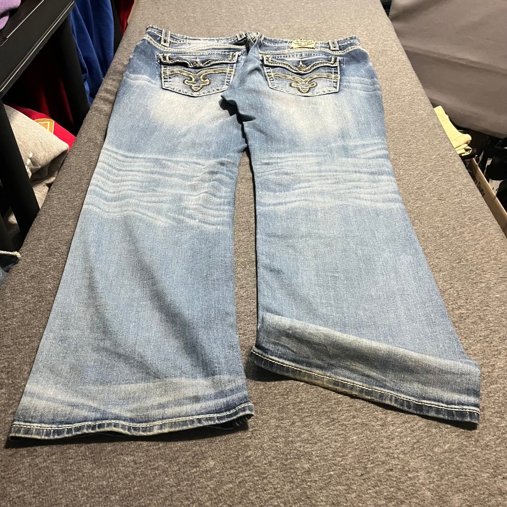 Rock Revival Marlin Straight Leg Jeans Mens 42x34 Blue Wash Fleur De Lis Pocket